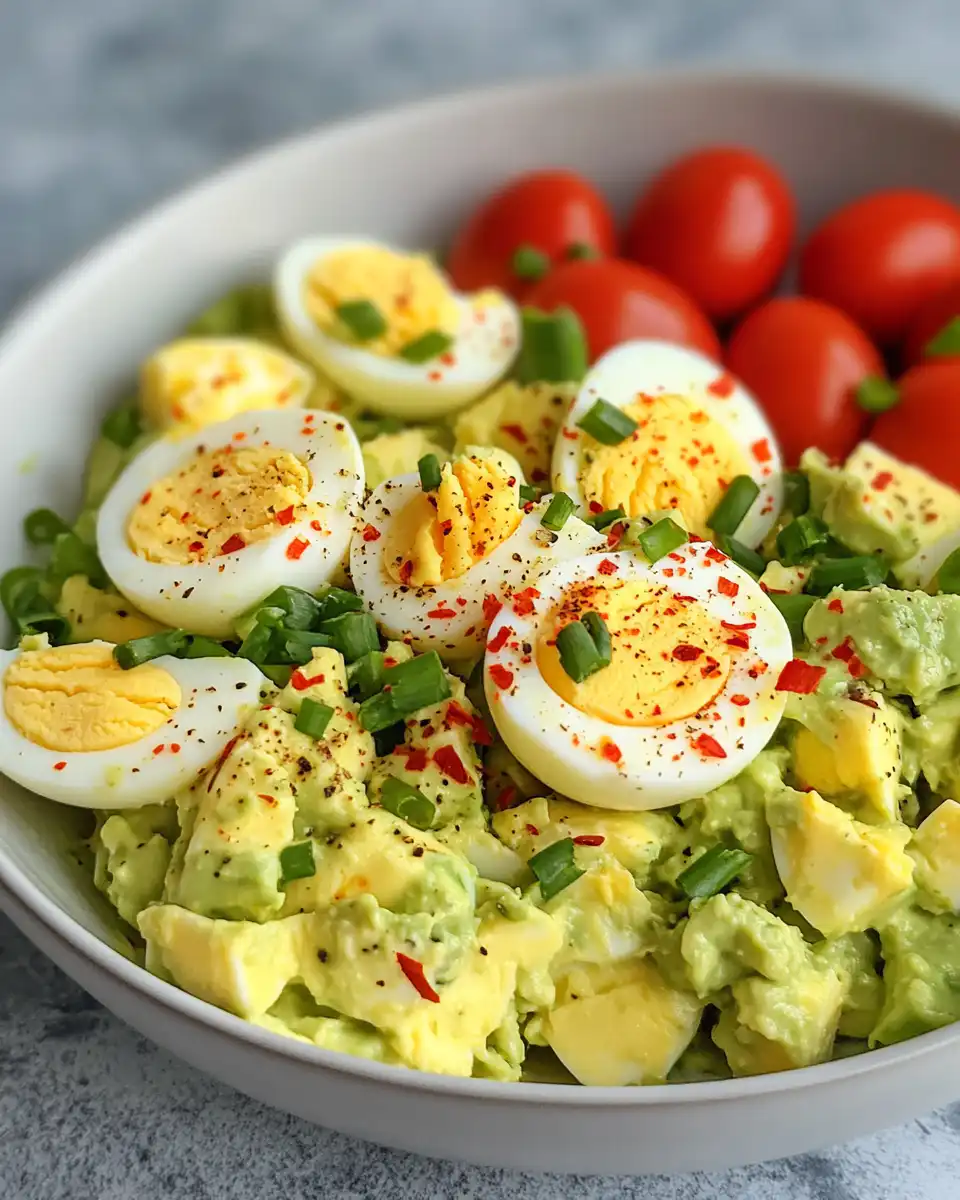 Ingredients for avocado egg salad laid out including avocados, eggs, spices