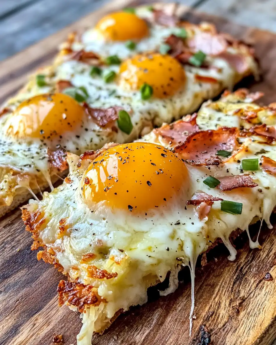 Finished zucchini crust breakfast pizza fresh from the oven with toppings