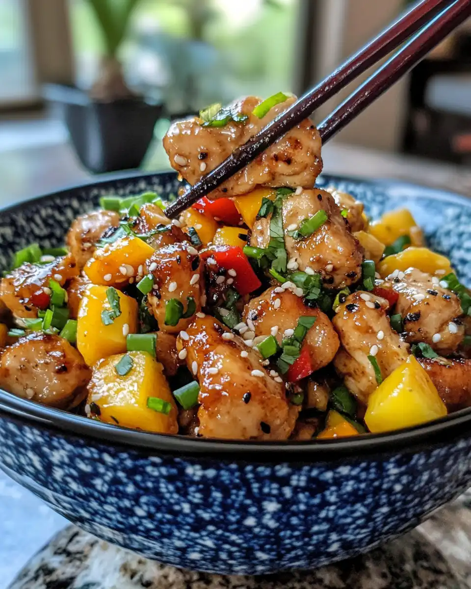 Finished mango chicken stir-fry served hot with fresh green onions