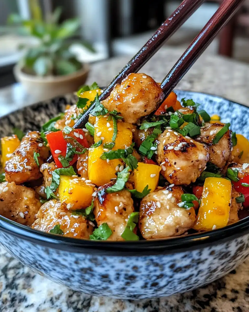 Pressure cooked mango chicken simmering with sweet citrus aroma