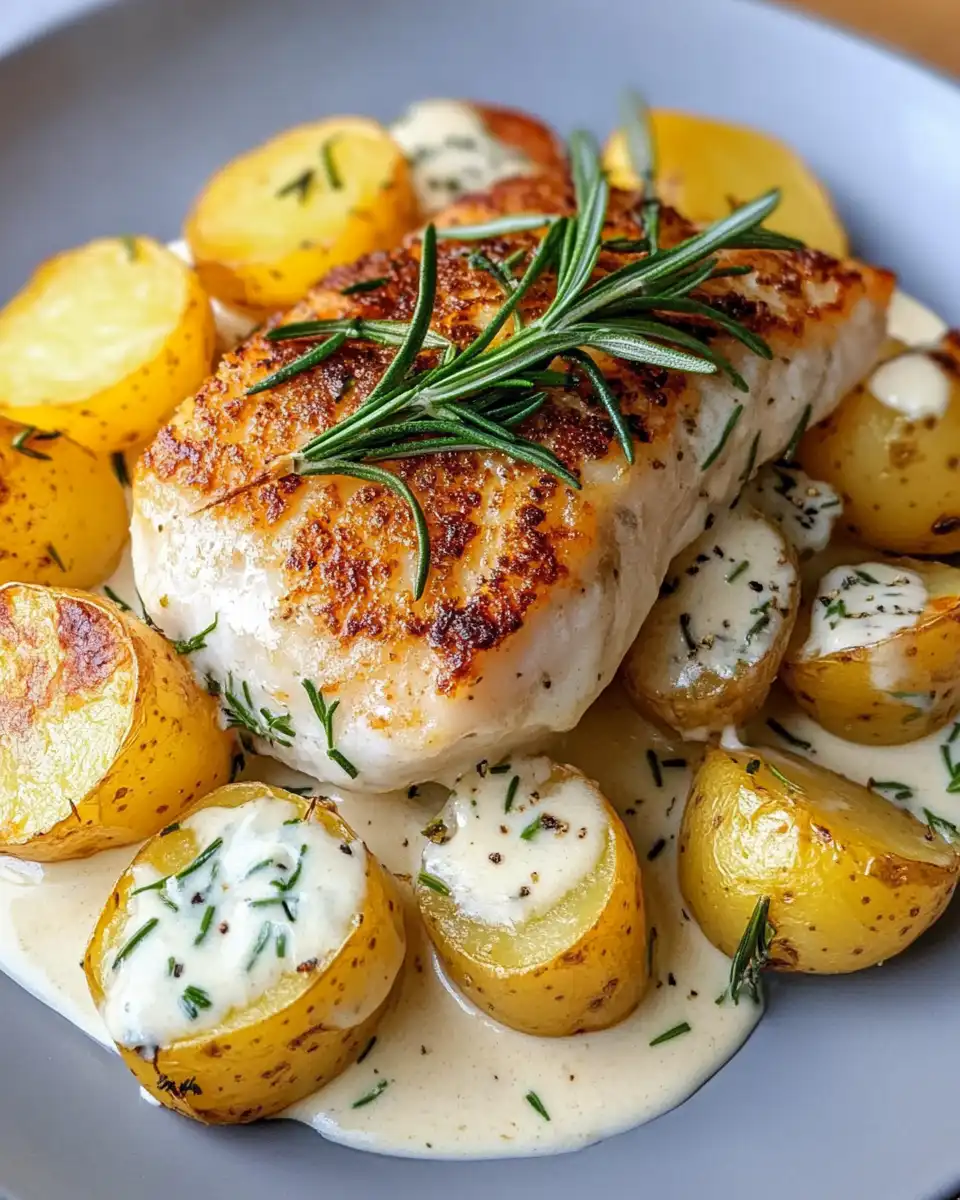 Final plated cod and potatoes with creamy rosemary sauce served