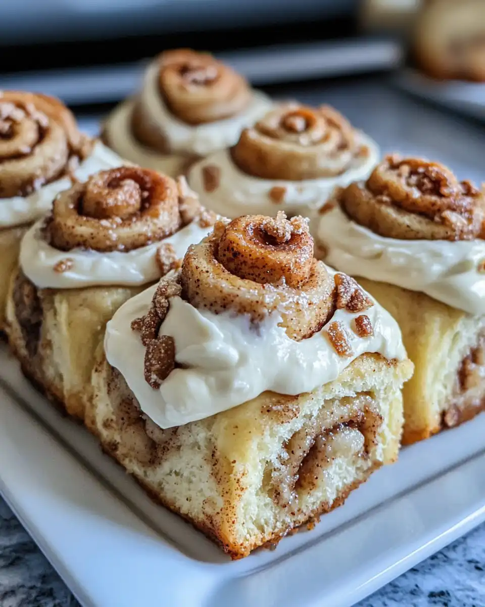 Finished banana bread cinnamon rolls served with cream cheese frosting