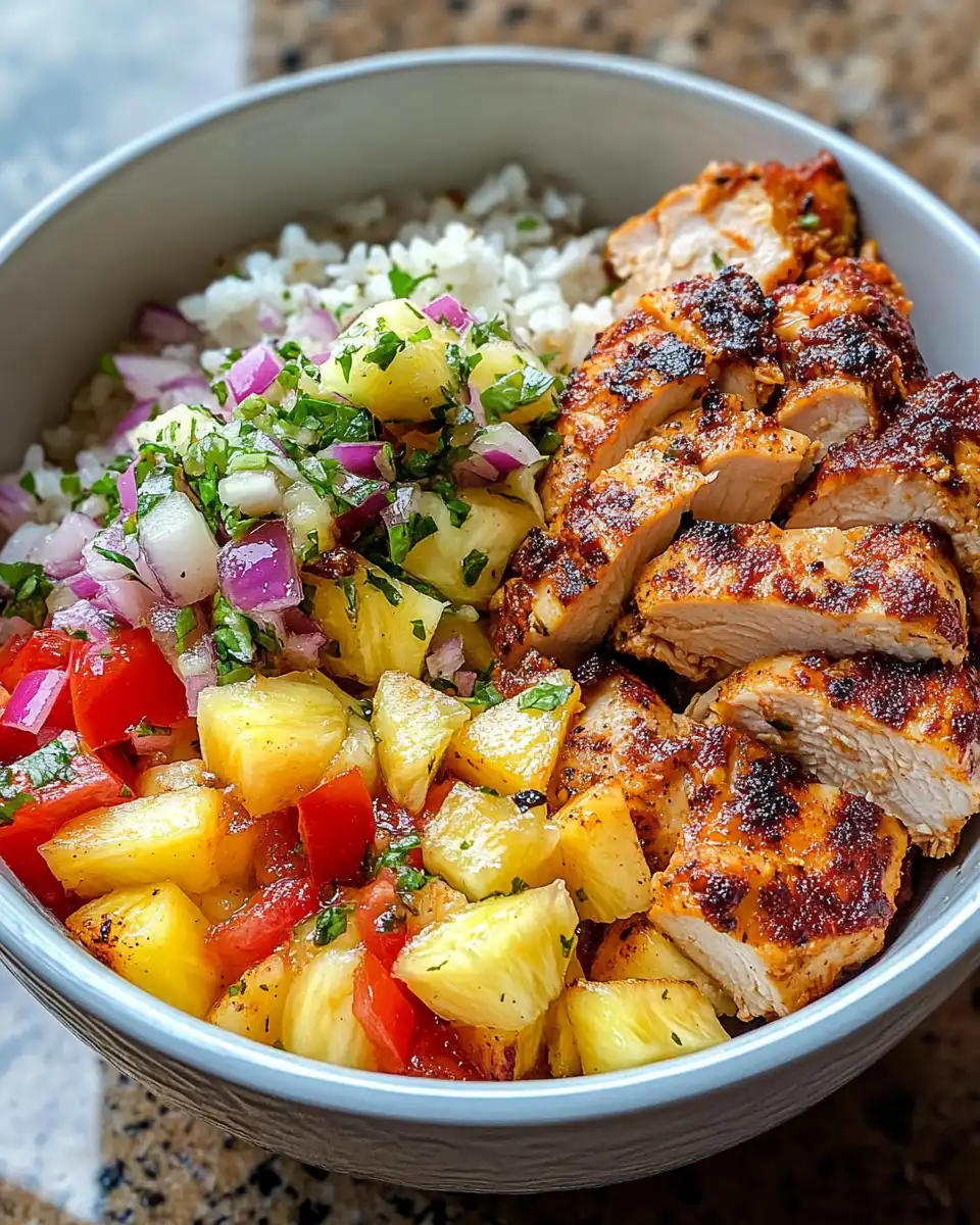 Plated jerk chicken served with white rice and pineapple salsa