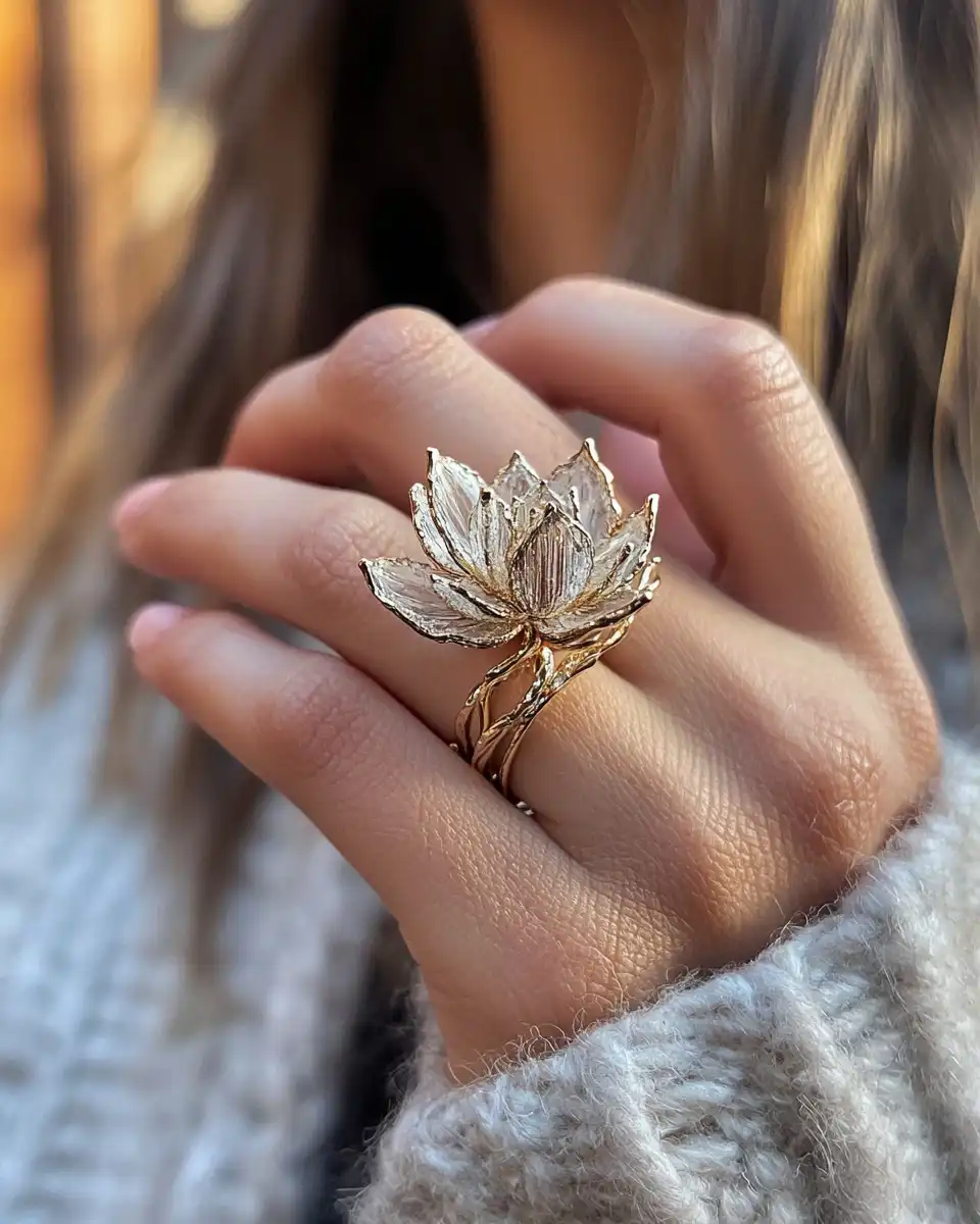 Finished open lotus mandala engagement ring ready to wear with sparkling diamonds