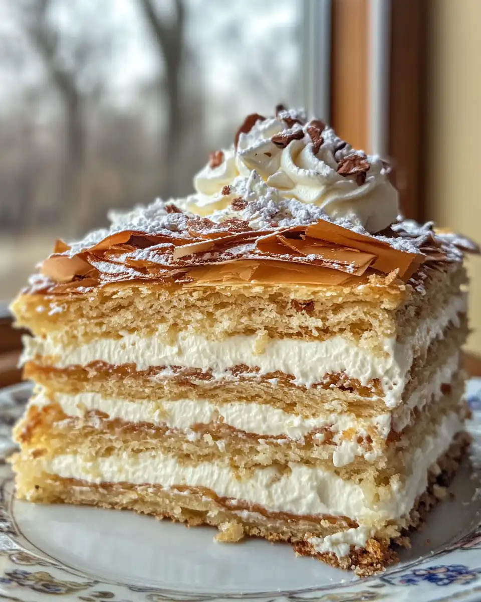 Slice of Russian Napoleon cake showing flaky golden edges and creamy custard layers